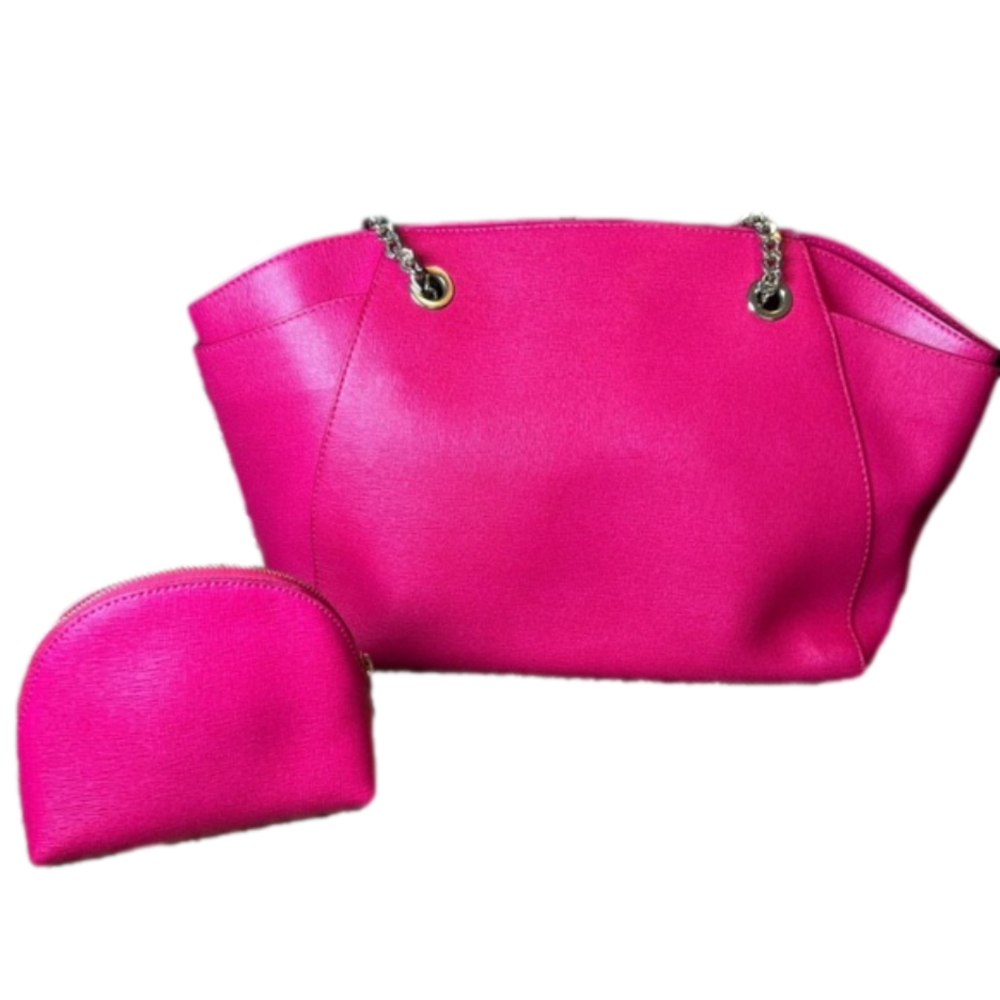 Furla Julia Tote Shoulder Bag with Matching Zip Pouch in Barbie Pink Leather EUC - Picture 3 of 16